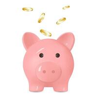 Piggy bank with coins flying in it. Concepts of accumulation, saving, and making money. Pink glass pig vector
