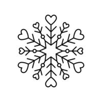 Snowflake with hearts love for snow design and pattern. Black line Christmas element isolated on white background. Snow flake icon. Ice crystal graphic. Clipart illustration aesthetics vector