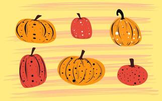 A set of colorful autumn elements. Pumpkins of different shapes, hand drawn on striped yellow background. . Vibrant red and orange colors. vector