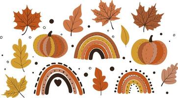 Set of fall elements. Pumpkin of different shapes, leaf, rainbow, hand drawn in doodle style. Calm brown and orange colors. vector