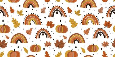 Seamless pattern fall elements. Pumpkin of different shapes, leaf, rainbow, hand drawn vector