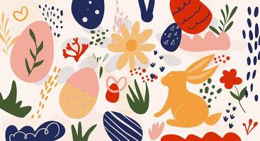 Banner of abstract elements for Easter hand drawn in doodle style, bunny, eggs, flowers, branch, footprints, spots. Simple flat style vector