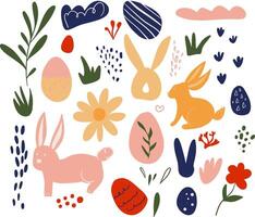 Set of abstract elements for Easter hand drawn in doodle style, bunny, eggs, flowers, branch, footprints, spots in simple flat tabletop vector