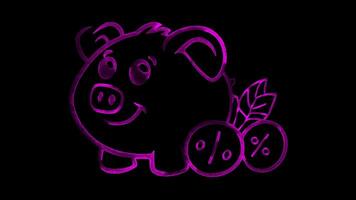 Neon frame effect, Pig representing discounts, interest rates on black background video