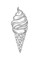 ice cream linear black and white drawing. Illustration of ice cream in a cone in doodle style. Hand drawn graphic, EPS 10 vector