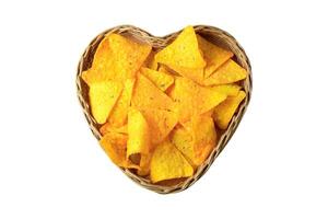 Crispy corn tortilla nachos chips placed in basket isolated on white background photo
