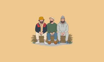 Three bearded men sitting together in casual outfits vector