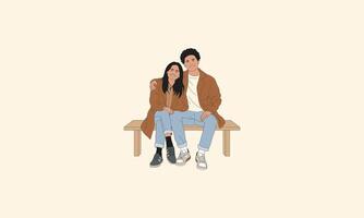 Smiling couple sitting on a bench, embracing each other vector
