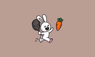 Bunny holding a net while pointing at a large carrot vector
