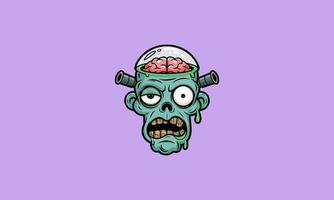Cartoon zombie head with exposed brain and drooling face vector