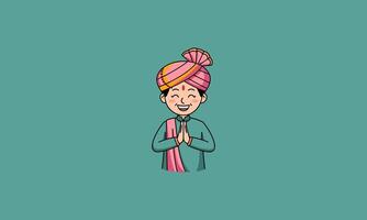Smiling character in traditional attire greeting warmly. vector