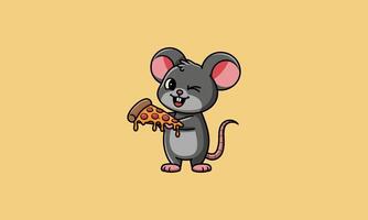 Cartoon mouse winking while holding a slice of pizza. vector