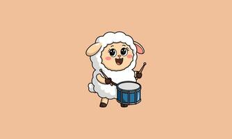 Sheep playing a drum with drumsticks, happy expression. vector
