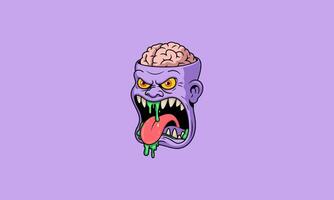 Cartoon monster head with brain exposed and green slime vector