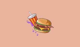 Burger with cheese and bacon, served with a drink vector