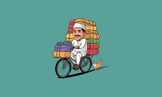 Man riding bicycle loaded with colorful packages and a cat. vector