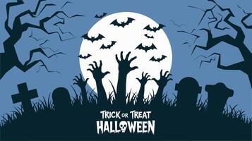 Graveyard scene with zombie hands rising and bats flying. vector