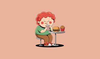 Child happily enjoying a burger, fries, and a drink vector