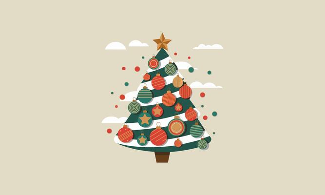 Decorated Christmas tree with ornaments and confetti