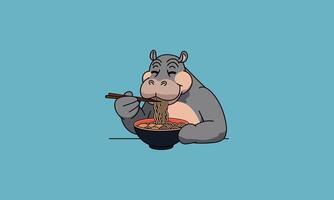 Cartoon hippo happily eating noodles with chopsticks. vector