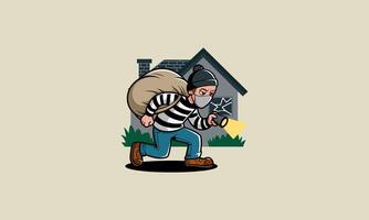 Sneaky burglar using a flashlight to escape. vector