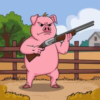Angry pig holding a shotgun on a farm. vector