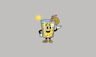 Cartoon glass of lemonade with a straw and lemon slice, waving with a sun in the background. vector