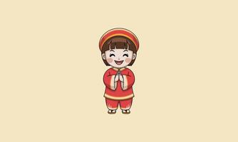 Smiling child in traditional red outfit with hands clasped vector
