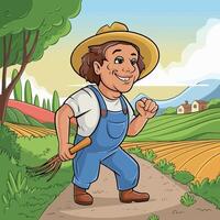 Joyful farmer walking with a pitchfork on a sunny day. vector