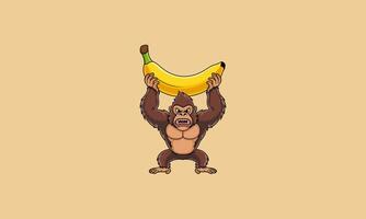 Angry gorilla holding a giant banana over its head. vector