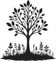 silhouette of a tree with leaves and grass vector