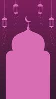 Animated A purple background with a pink mosque silhouette, crescent moon, and hanging lanterns. Stars sprinkle around the lanterns, creating a serene and festive atmosphere. video