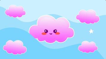Animated A cute, smiling pink cloud with rosy cheeks floats in a pastel sky surrounded by other fluffy pink clouds, set against a backdrop of soft blue waves. video