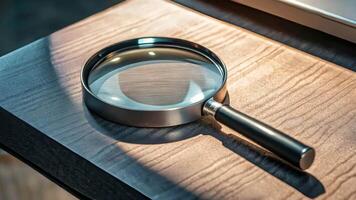 An illuminated magnifying glass-magnifier lies on the wooden surface video