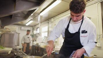 Assistant Chef Is Cooking Pasta First Courses In The Pan Of Restaurant video