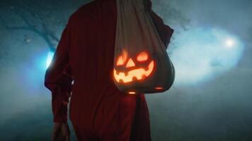Monster Walks With Bag Containing Halloween Pumpkin Among Tree Forest And Fog video