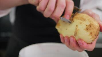 Help Chef Is Peeling Potatoes For Preparing A Side Dish In The Kitchen video
