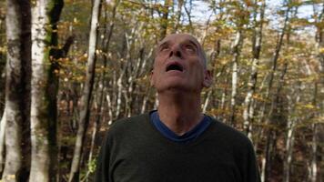 Elderly Gentleman Looks At The Trees In The Mountains With His Mouth Open video