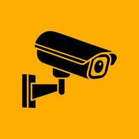 A black and yellow security camera icon on a yellow background vector
