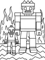 one big minecraft character and other small with arms an ominous fortress in the nether, built of vector