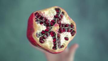 Throwing up and catching half of pomegranate above table video