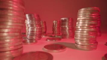 Stacks and rows of shiny coins on white surface at red light video