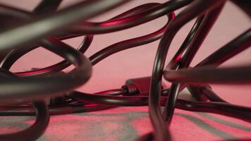 Tangled black wires at red artificial light of studio room video