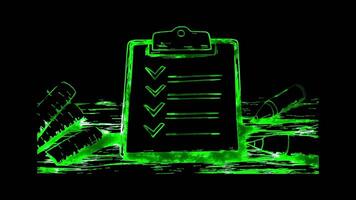 Neon frame effect, Clipboard with a Checklist symbolizing task management and business processes on black background video