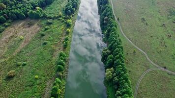 Top view of the river, surrounded by trees and meadows video