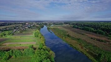 Top view of the river, surrounded by trees and meadows video
