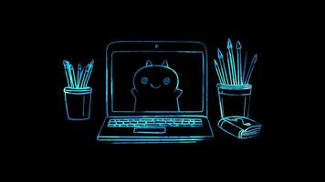 Neon frame effect, Laptop representing portable computing devices on black background video