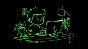 Neon frame effect, working at a computer desk on a black background video