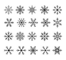 Set of cute snowflake icons on isolated white background New Year ornament Symbols for mobile apps and website design. Flat snowflake icons, silhouette vector