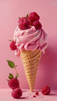 Raspberry ice cream in a waffle cone with raspberries on a pink background. High quality FullHD footage video